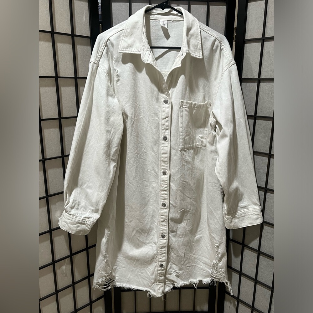 &Denim White BUTTON UP THRASHED DISTRESSED OVERSIZED DUSTER DRESS WOMENS SIZE M